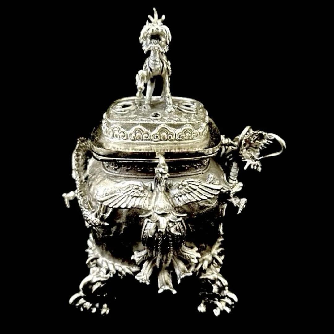 ・伝統工芸 高岡銅器 洋銀 香炉 龍摘 双鳳凰耳　須賀月芳　共箱　保証書付き