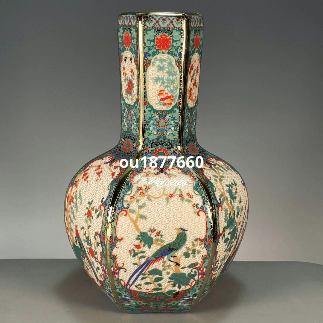 琺瑯彩六稜蒔金花鳥瓶 景徳鎮 陶磁器 装飾品 現代工芸品 美術品 置物