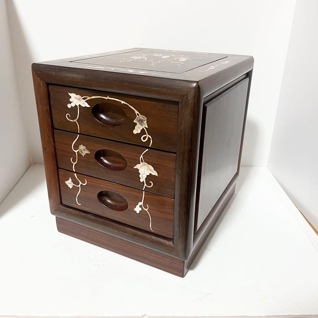 花梨 螺鈿家具 唐木 螺鈿細工 小引出し 3段 李朝 小型チェスト アンティーク