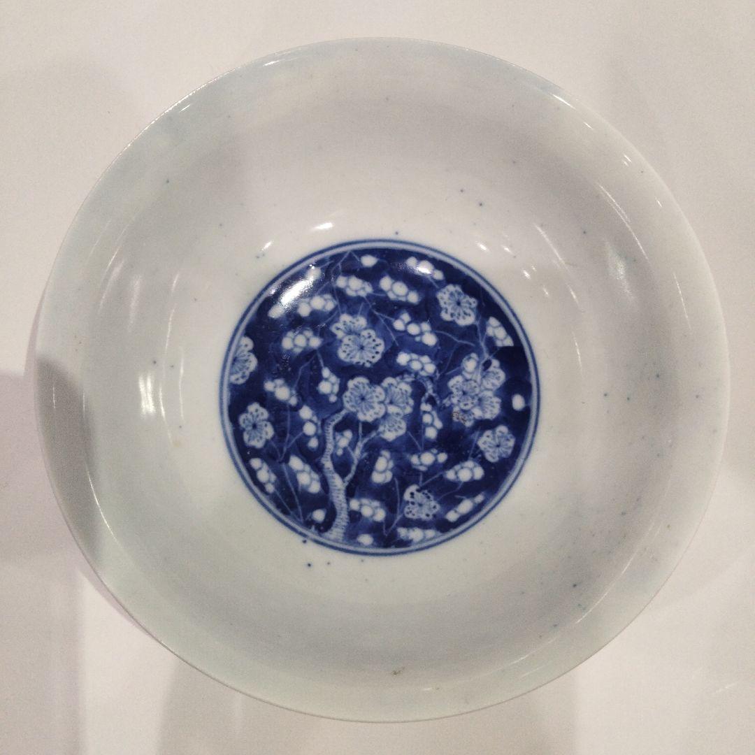 u385 上手 清朝期 古染花青花吹雪画 大振茶碗 鉢 底二輪文 古染付