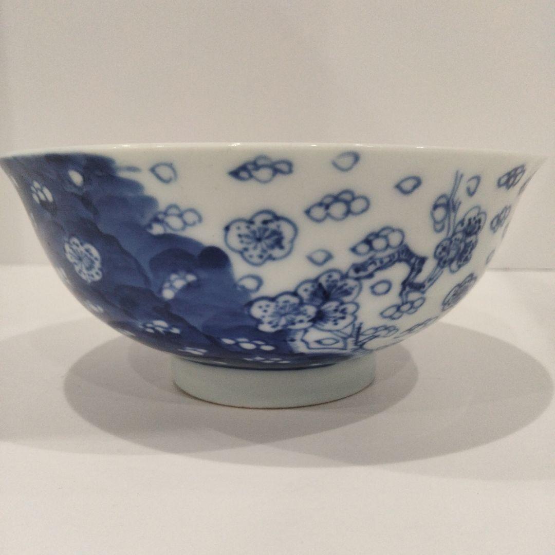 u385 上手 清朝期 古染花青花吹雪画 大振茶碗 鉢 底二輪文 古染付