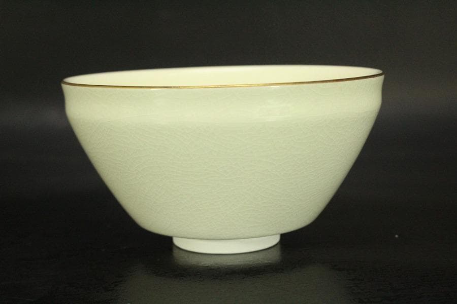 【未使用品】茶道具 清水焼 粟田窯 茶碗 金彩金葵紋 岡田暁山作 (メ1224)
