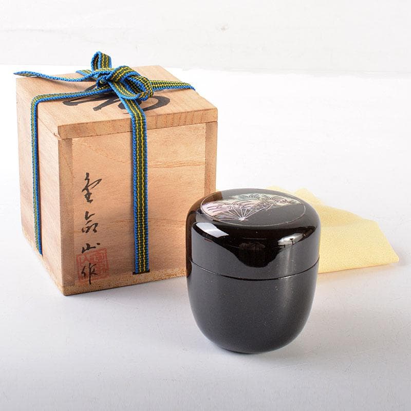 茶道具　朝鮮漆器　黒漆　金命山作　螺鈿扇　寿　棗　共箱　Ｖ　6876