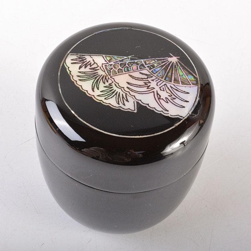 茶道具　朝鮮漆器　黒漆　金命山作　螺鈿扇　寿　棗　共箱　Ｖ　6876