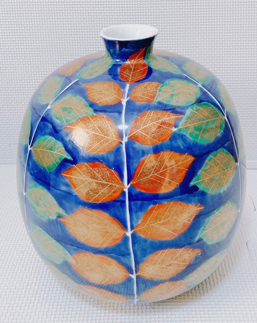 【希少 未使用】藤井錦彩 有田焼 染錦金彩木の葉絵花瓶 限定作品 24.5cm