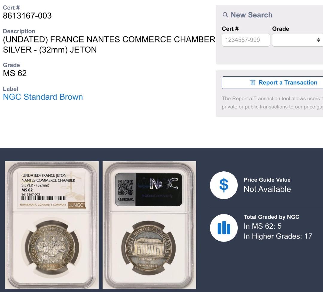 希少品 フランス ジェトン ナント商工会議所 NGC MS62銀 32mm