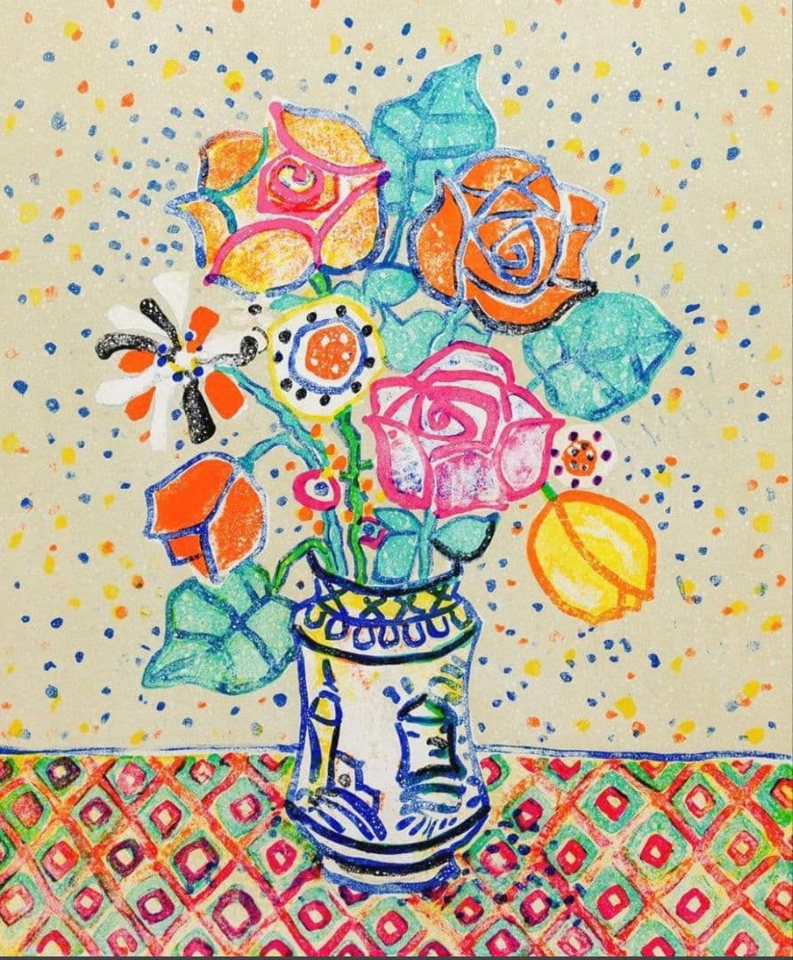 【真作】アイズピリ 「ベージュ背景のバラの花束」リトグラフ 10号大 直筆サイン