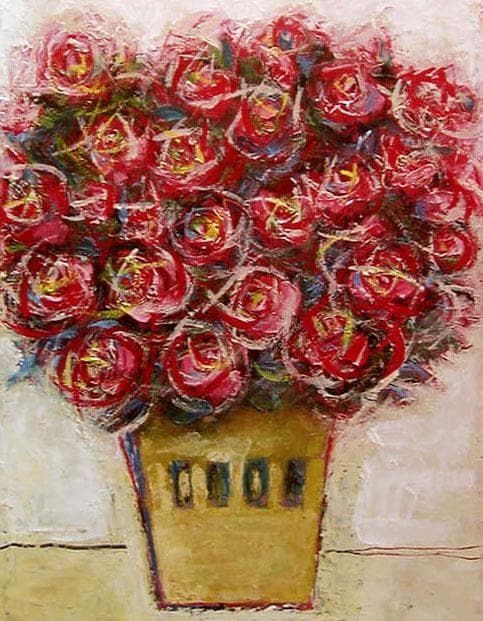 油絵 菅家令子 絵 絵画インテリア額付(青緑＋金色の枠)uF6-110902ばら