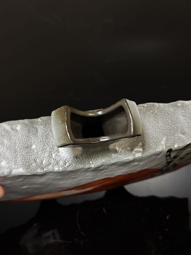 秀逸作 九谷焼 名人 山上義正 造 灰釉赤富士図 扁壺 花瓶 桐共箱 茶道具