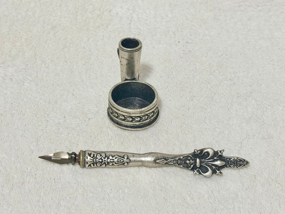 シルバー高級ハンドメイド　フルール・ド・リス ペンとインクポット シルバー万年筆