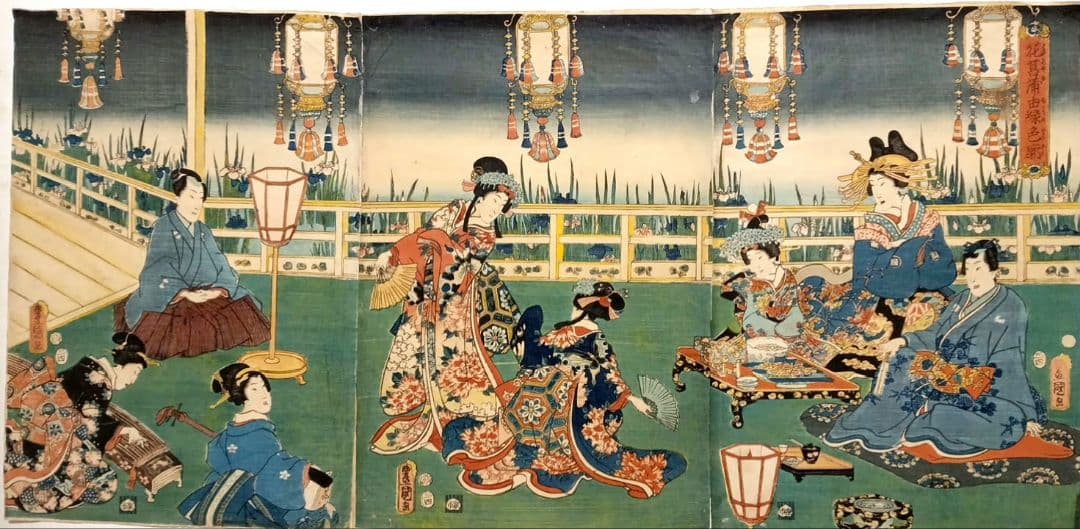 浮世絵版画、花菖蒲由縁色廓三枚綴り 三代歌川豊国画安政四年出版No2