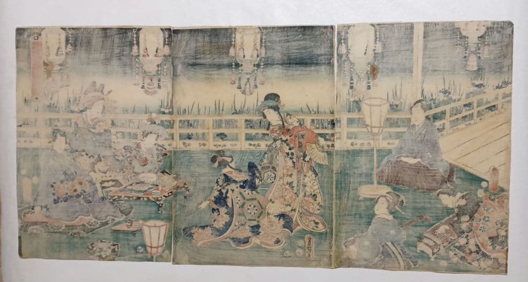 浮世絵版画、花菖蒲由縁色廓三枚綴り 三代歌川豊国画安政四年出版No2
