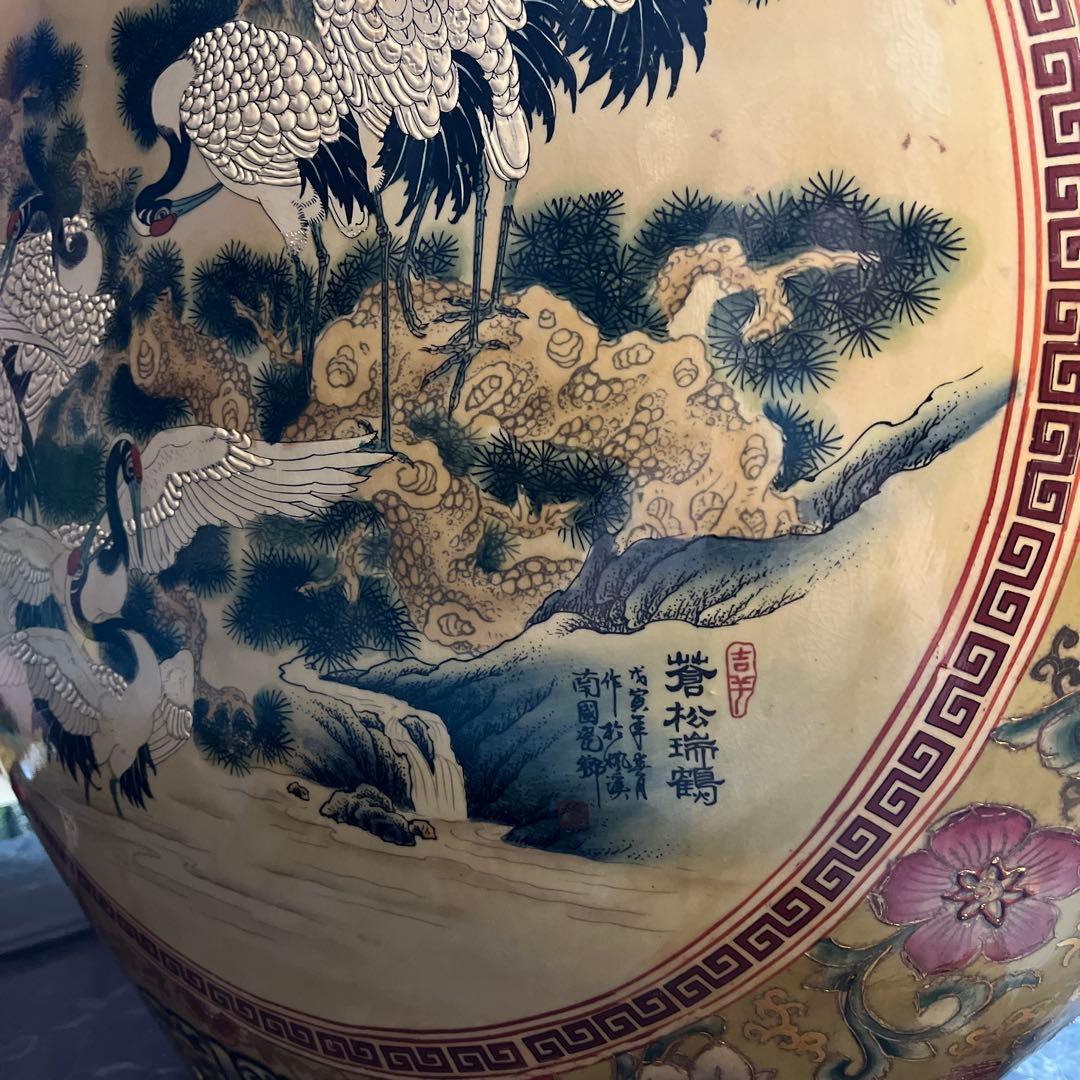 中国美術、嶺東窯製 、金彩花瓶93㌢金彩色絵 大花瓶 、鶴図 、龍、特大花瓶