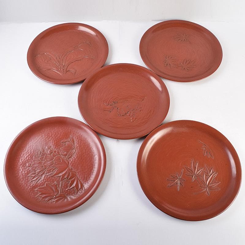 鎌倉彫　手彫　絵替鎌倉盆　丸盆　五枚　在銘　書付共箱　V　R8990B