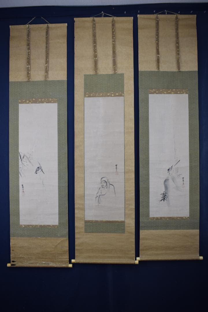 【真作】狩野探幽/達磨図カワセミ図セキレイ図三幅対/掛軸☆宝船☆Y-483　JM