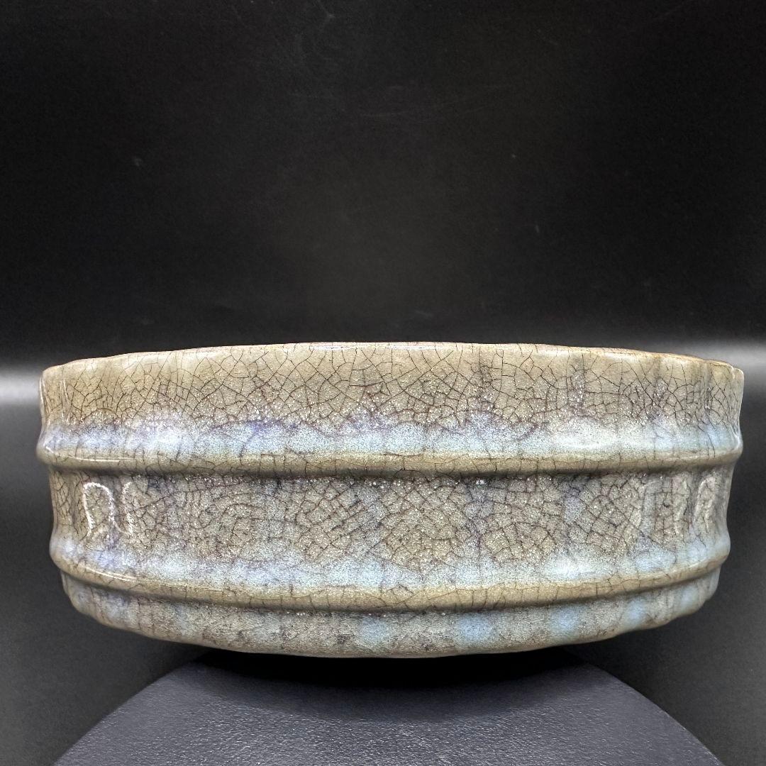 L113 汝磁開片レリーフ樽型洗文房アンティーク