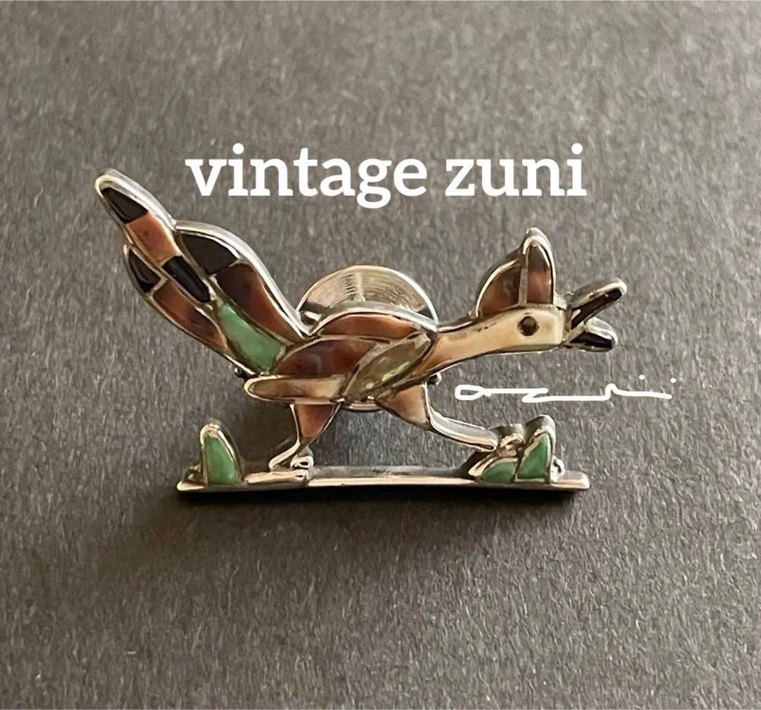 ヴィンテージ ズニ族 インレイ 鳥 ブローチ シルバー マルチストーン