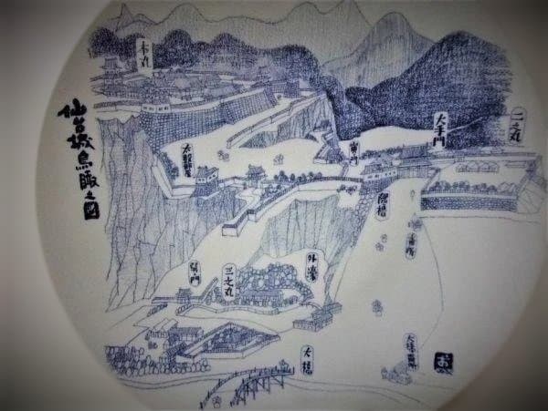 仙台城 鳥瞰之図 慶長拾五年図 伊達政宗 青葉城 大皿 41.5㎝ 染付 逸品