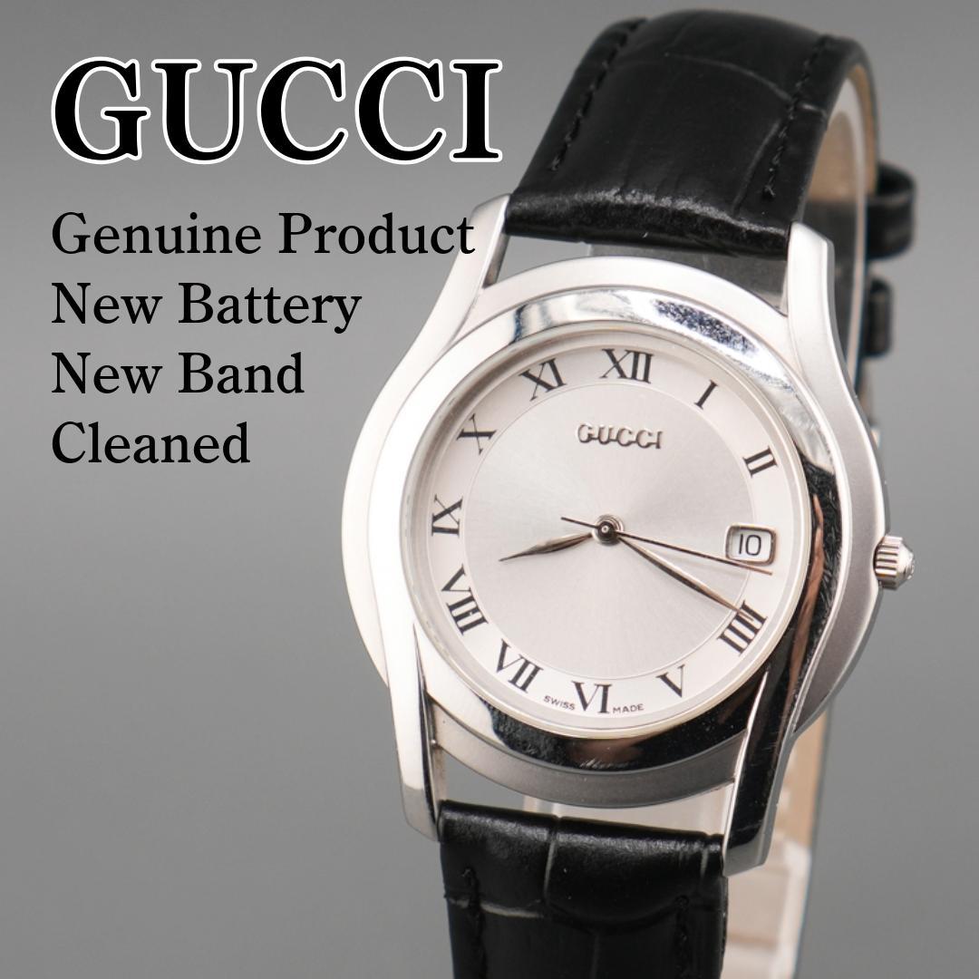 稼働 GUCCI 5500M デイト 腕時計 新品電池 新品ベルト クォーツ