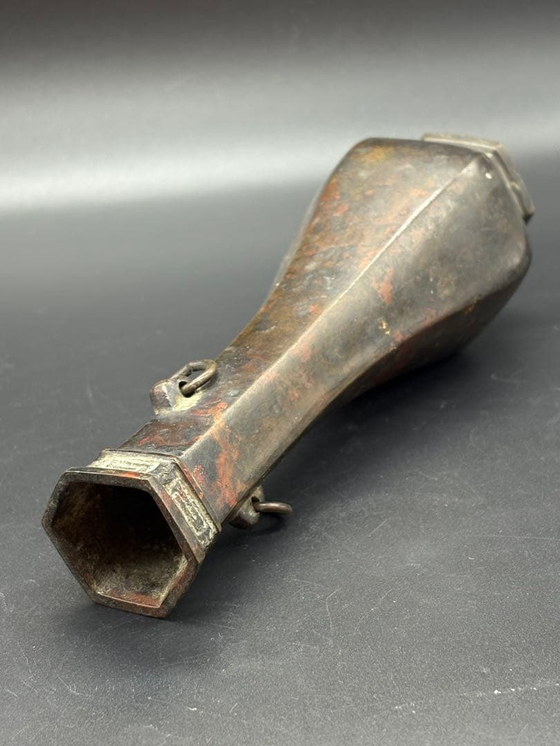 銅製 六角双耳飾花器 手彫唐木花台付 /金属工芸 唐銅 斑紫銅 花入 花瓶