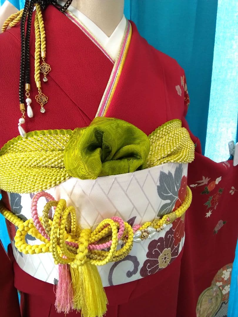 振袖フルセット、鈴乃屋振袖、成人式、重ね衿、帯揚げ帯締め、唐織袋帯、ガード加工