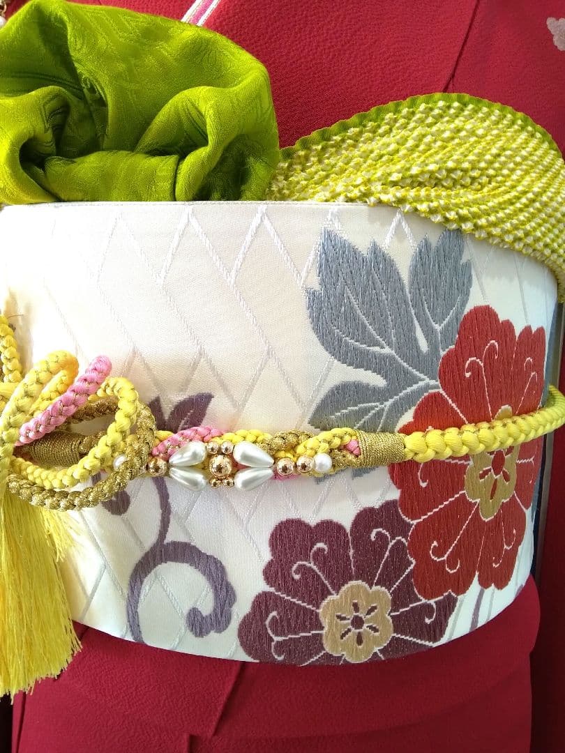 振袖フルセット、鈴乃屋振袖、成人式、重ね衿、帯揚げ帯締め、唐織袋帯、ガード加工