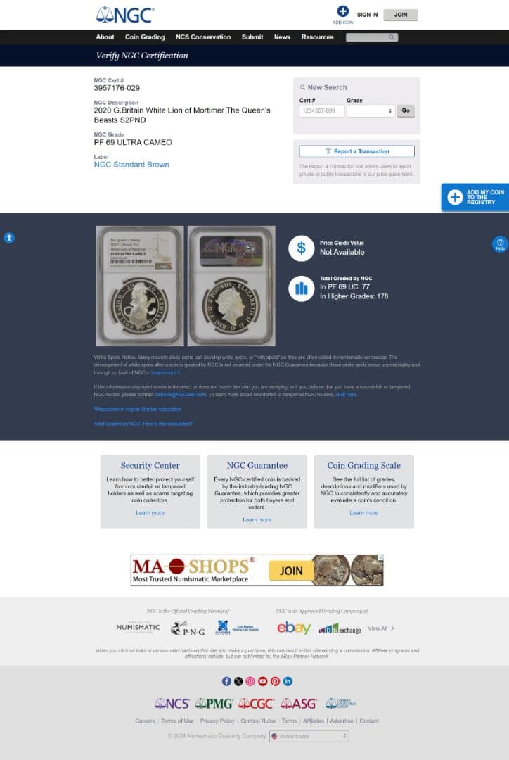 NGC PF69 クイーンズビースト モーティマーの白いライオン銀貨 2020