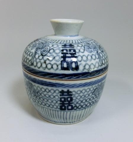 蓋物■中国 古い染付鉢 リボン唐草 蓋鉢 喜 古玩 唐物 古美術 時代物 骨董■