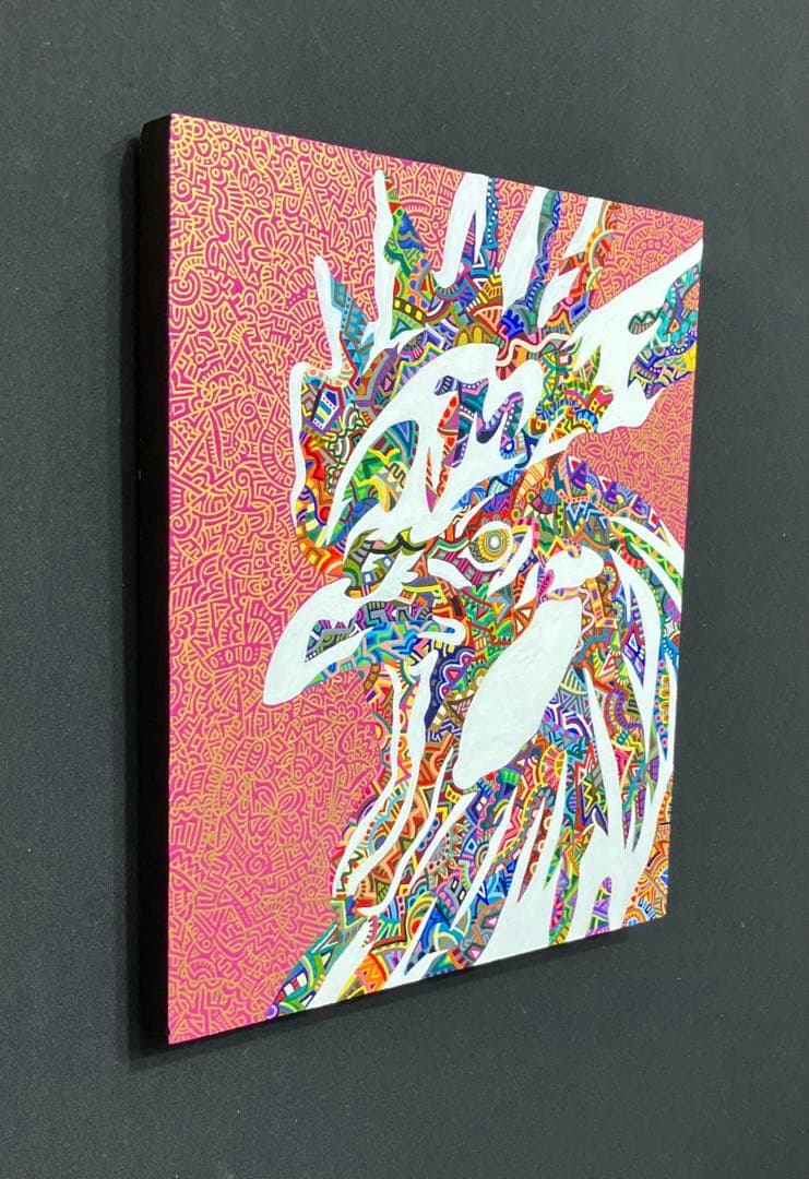 値下げ　原画　鶏　動物画　絵画　肉筆画　アクリル画　現代アート　細密画　一点物