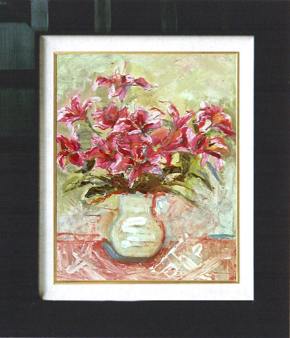 油絵 菅家令子 絵 絵画 インテリア 額付(黒) uF6-070902 花 ゆり