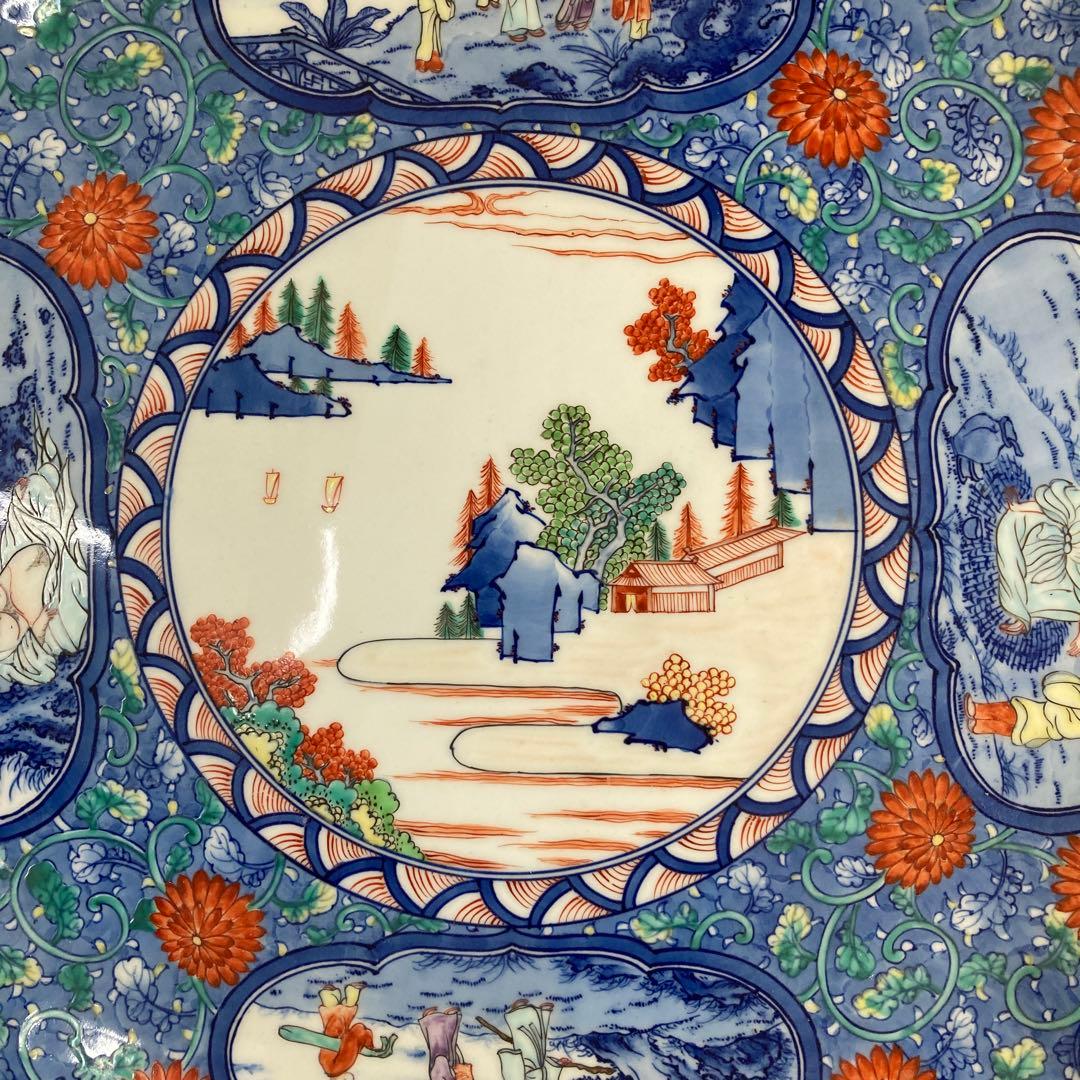 【萬右衛門】古伊万里の伝統　華山萬右衛門作　染錦山水見込四方間取唐人図　八角大皿