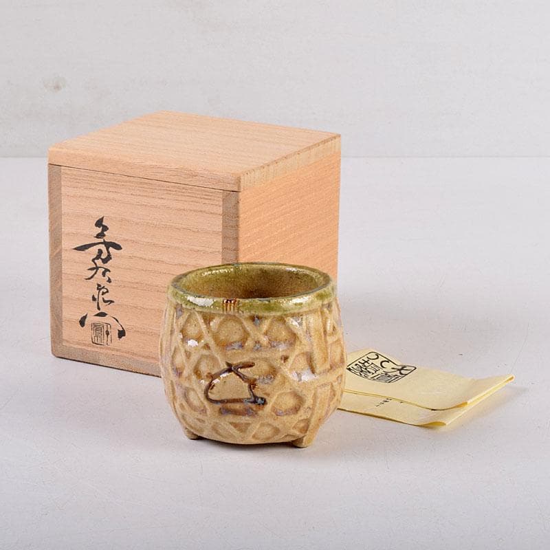 美濃焼　加藤芳右衛門作　黄瀬戸　茶巾筒　C　8385