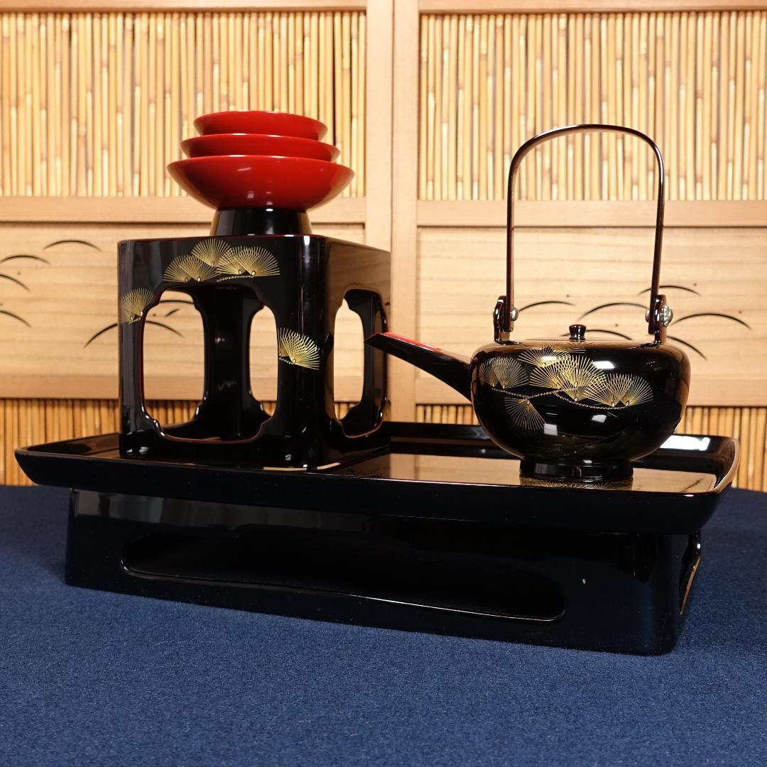 輪島塗 沈金師 小西寛 塗師 慶峰 合作 黒塗 沈金松図 屠蘇器揃 共箱