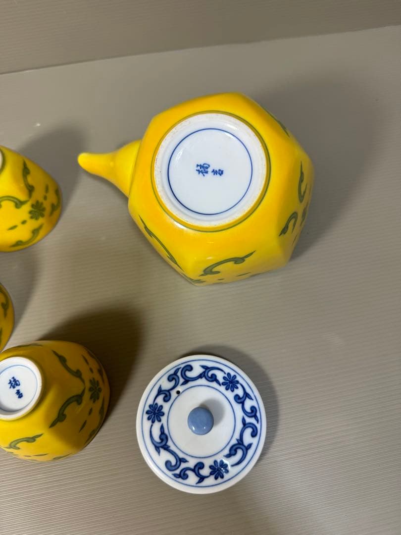 2261 平安橘吉　黄交趾　茶器セット　急須1客　湯呑5客