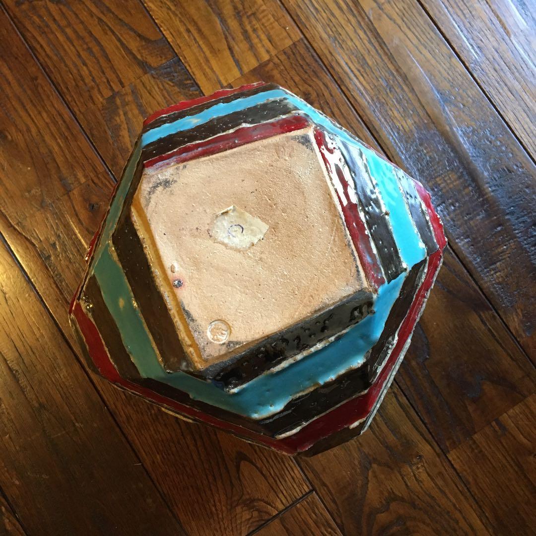 希少珍品！益子焼 瀬戸浩 赤青彩 銀條文壺 塩焼〆多面取壺 花器 飾壺 古美術品