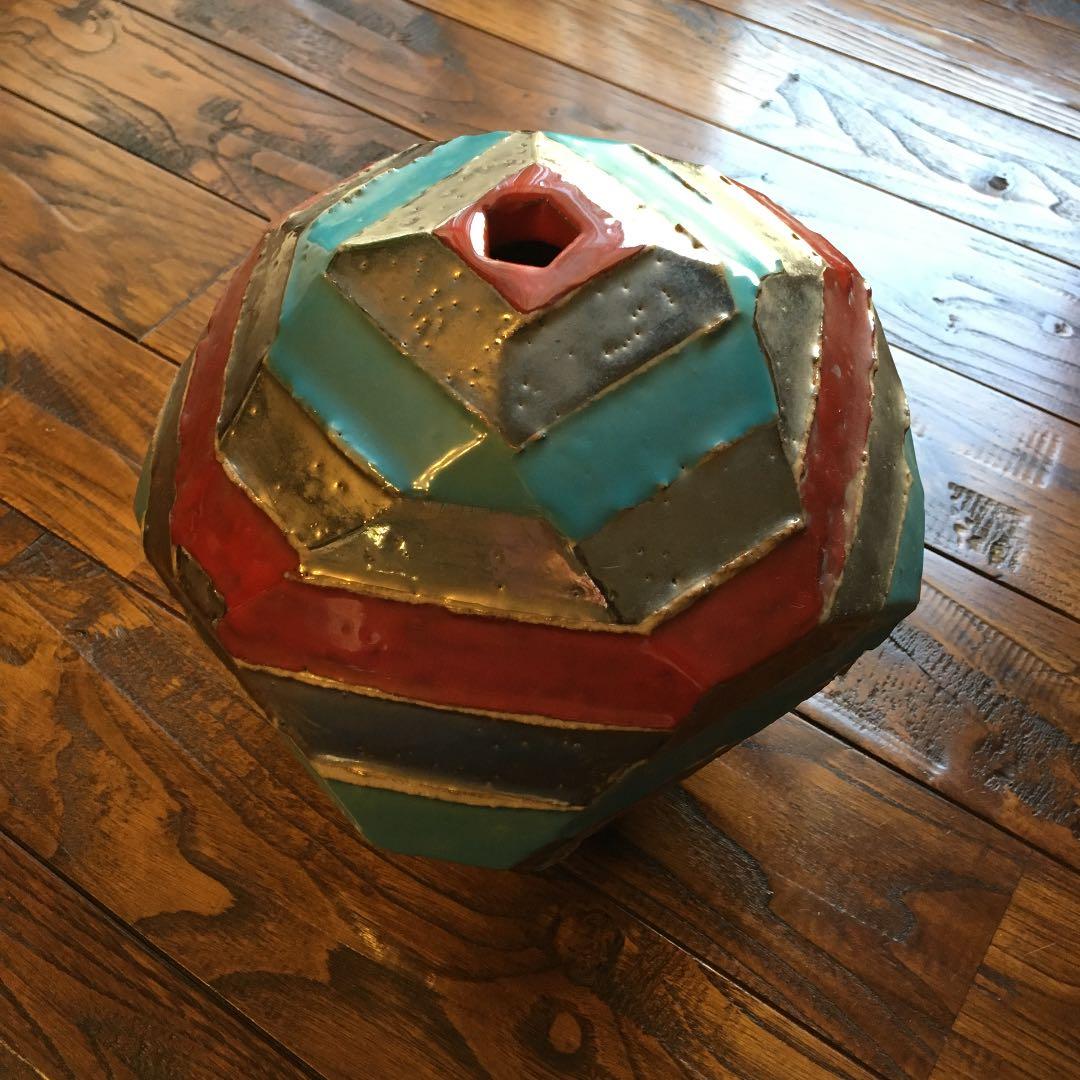 希少珍品！益子焼 瀬戸浩 赤青彩 銀條文壺 塩焼〆多面取壺 花器 飾壺 古美術品