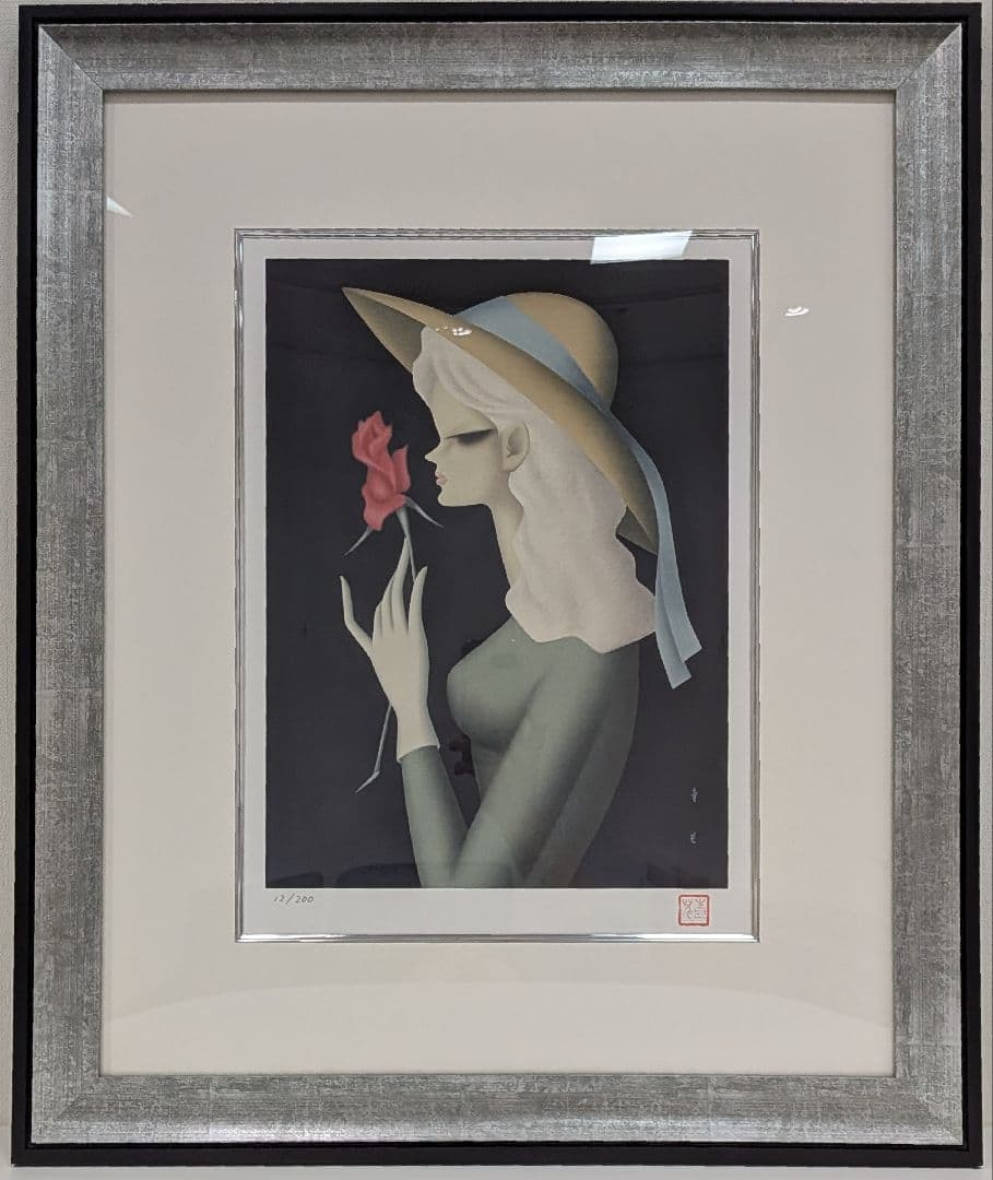 1月限定価格【東郷青児】バラ一輪　リトグラフ　額付き