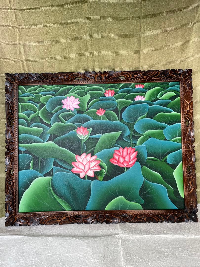 大サイズ！ロータス蓮の花と葉のリアリズム絵画 バリ島インドネシア　アジアン