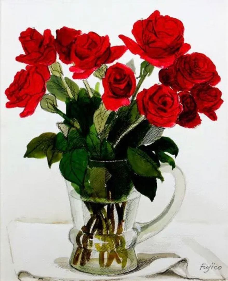 肉筆原画！ 橋本不二子 人気水彩画家 赤い薔薇？ 花瓶に入った花の絵画です