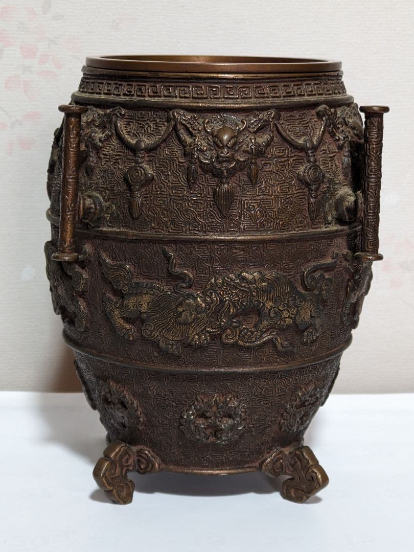 ⭐華道花活け 神獣 双耳亀甲瓔珞文様銅製 大日本文政年整珉鋳 細密鋳金骨董品