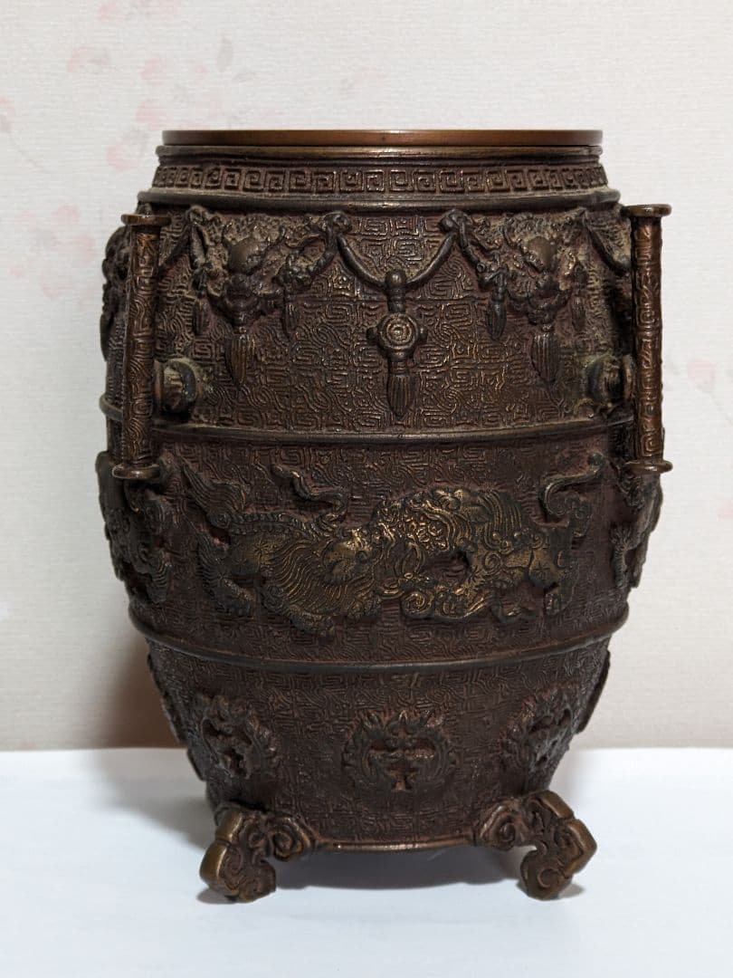 ⭐華道花活け 神獣 双耳亀甲瓔珞文様銅製 大日本文政年整珉鋳 細密鋳金骨董品