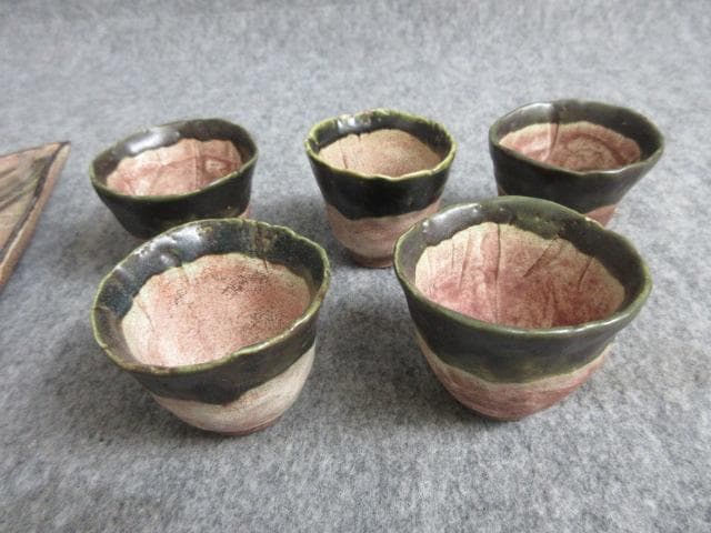 織部焼茶碗5個と扇皿1枚 [B27823]