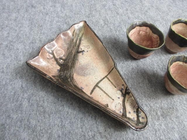 織部焼茶碗5個と扇皿1枚 [B27823]