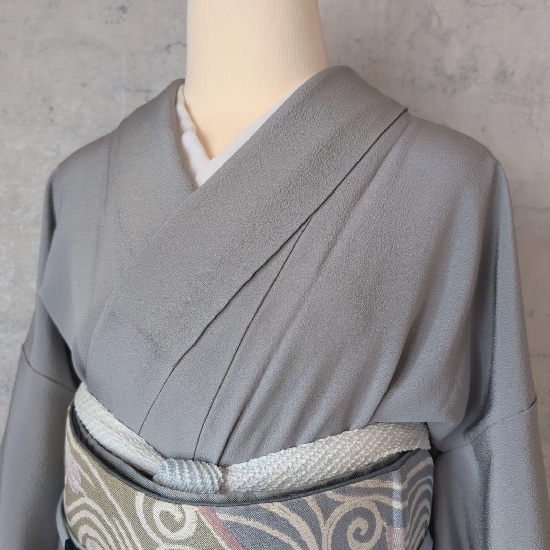 色無地　着物　フルセット　正絹　グレー　帯渦巻き　D2