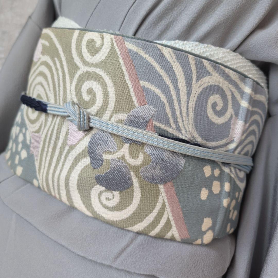 色無地　着物　フルセット　正絹　グレー　帯渦巻き　D2