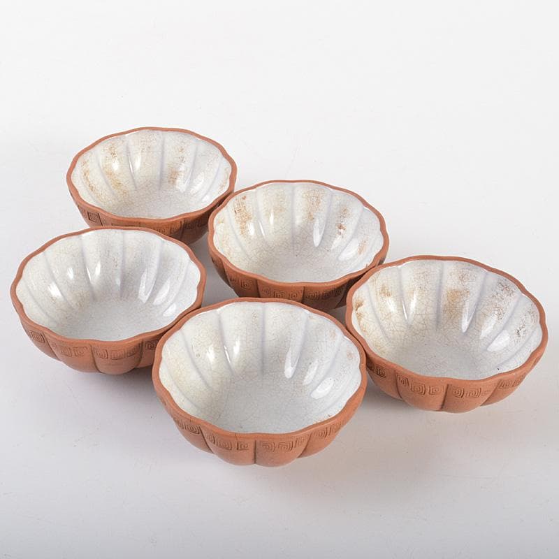 中国　紫砂　朱泥　内白釉　瓜形碗　煎茶器五客　V　R6674E