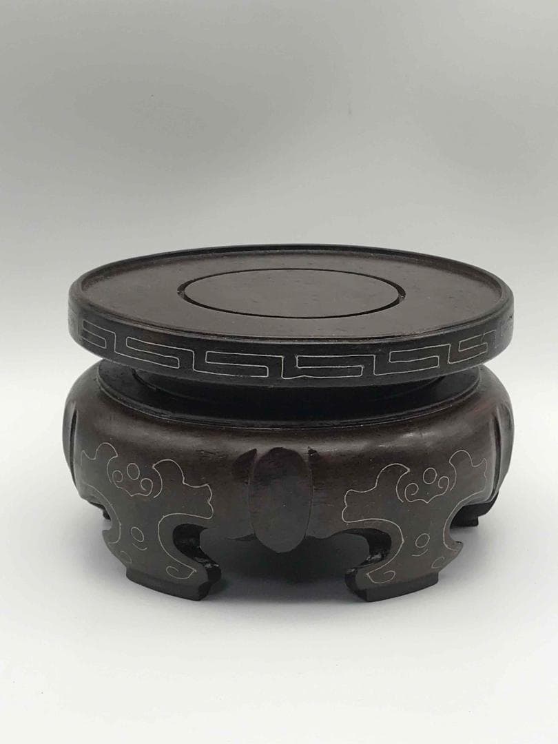 硬木嵌銀線花台　香炉台　銀線模様埋込み　飾り台　盆栽台　花瓶台　置物(B-22)