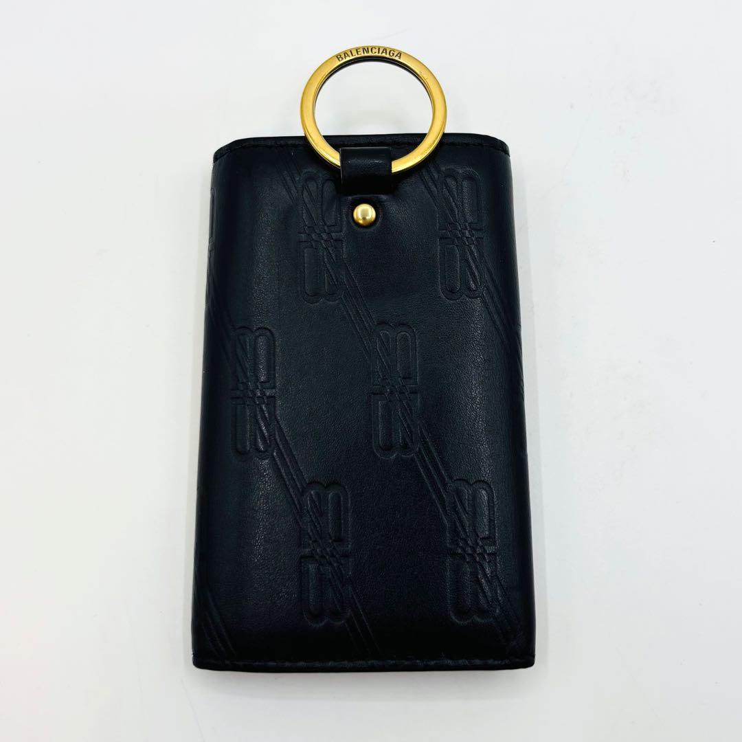 【美品】バレンシアガ キーケース 6連 レザー BB柄 ゴールドロゴ ブラック