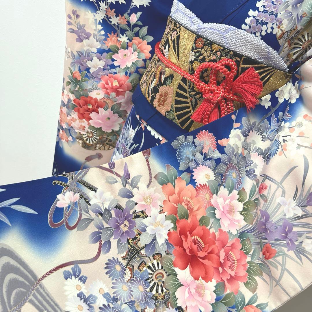 419 振袖フルセット 正絹 青 ブルー 金彩 刺繍 暈し染め