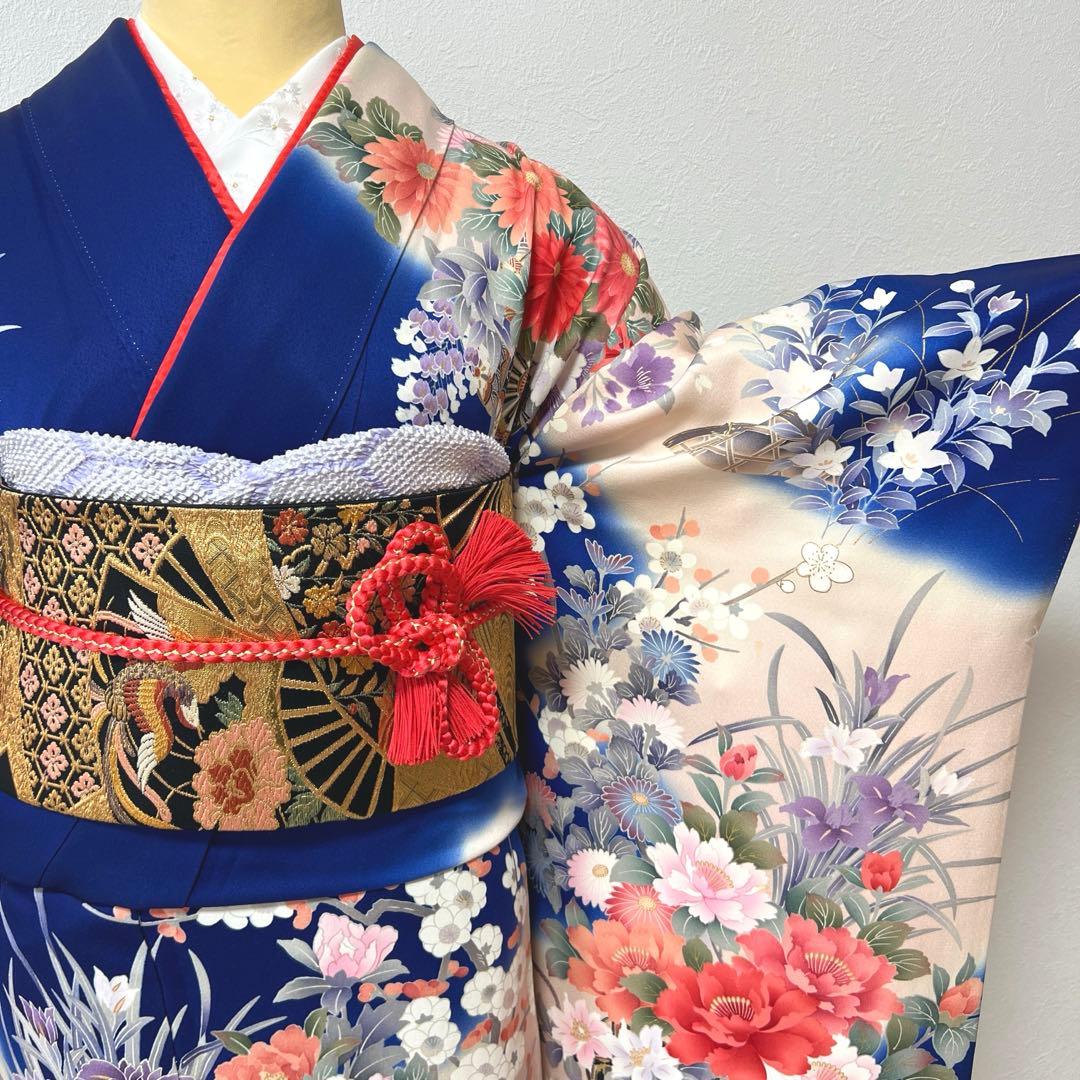 419 振袖フルセット 正絹 青 ブルー 金彩 刺繍 暈し染め